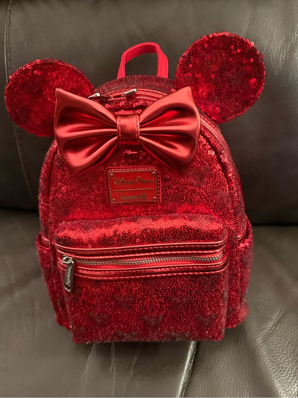 Disney Parks Loungefly Red Sequin Minnie Mouse Mini Backpack with Bow